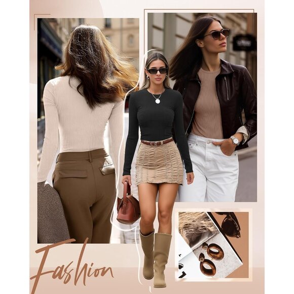 3 Pack Women's Ribbed Long Sleeve Tops, Crew Neck Slim Fit Undershirts Knit Basi - Picture 3 of 5